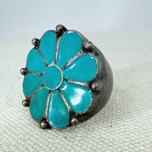Turquoise Blue Enamel Flower Ring Vintage‎ Style Silver Tone Statement Size 7